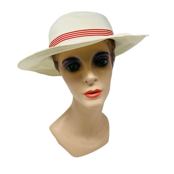 Vintage 1950s Sun Hat White Red Striped Ribbon Chin Strap Bonwit Teller Dapper main image 8